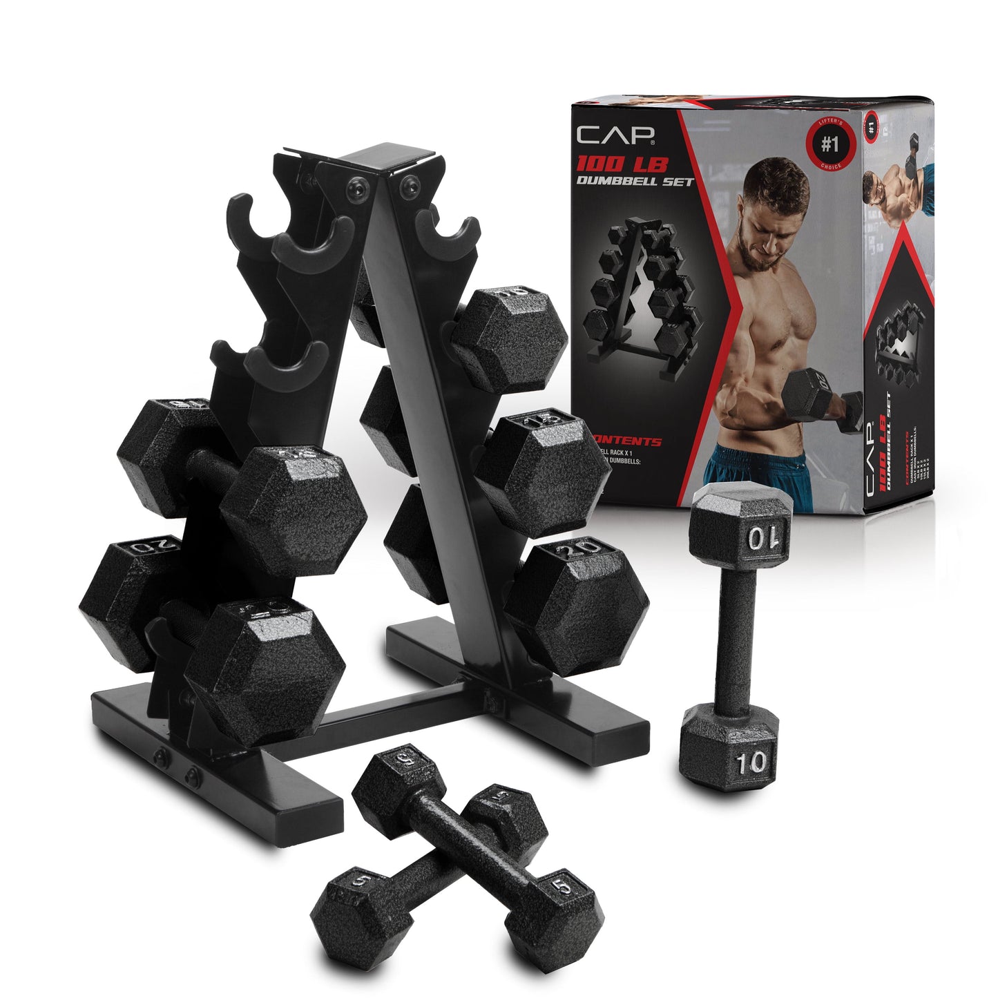 Juego de Pesas Hexagonales de Hierro Fundido de 100 lb con Soporte para Entrenamiento de Fuerza - Mancuernas Negras