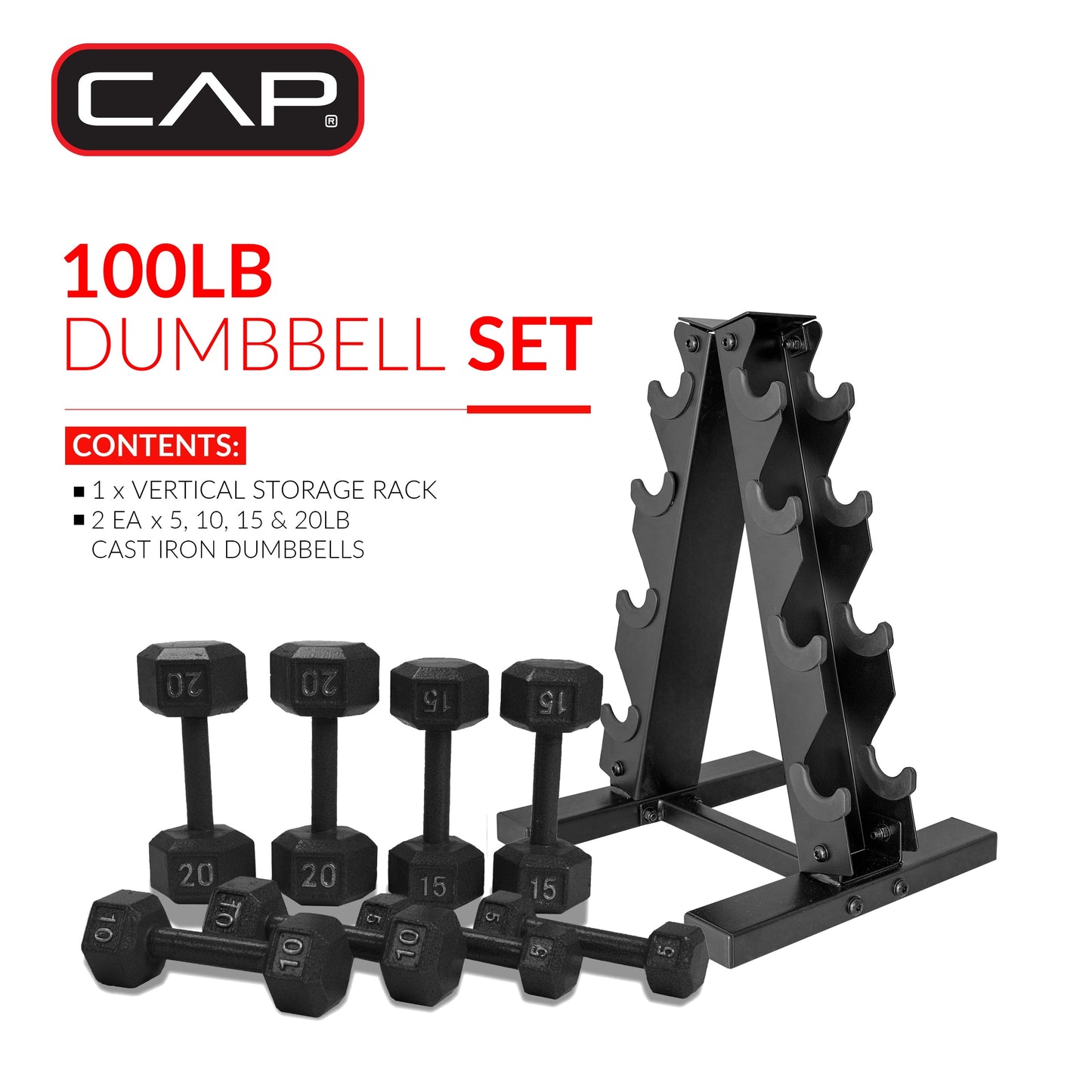 Juego de Pesas Hexagonales de Hierro Fundido de 100 lb con Soporte para Entrenamiento de Fuerza - Mancuernas Negras