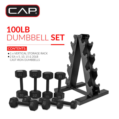 Juego de Pesas Hexagonales de Hierro Fundido de 100 lb con Soporte para Entrenamiento de Fuerza - Mancuernas Negras