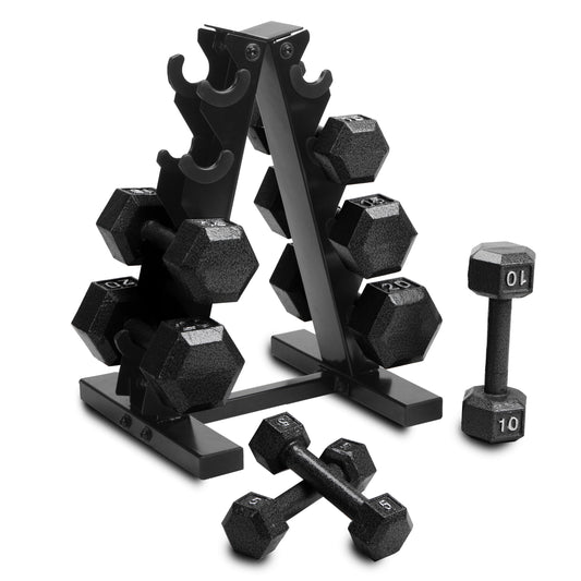 Juego de Pesas Hexagonales de Hierro Fundido de 100 lb con Soporte para Entrenamiento de Fuerza - Mancuernas Negras
